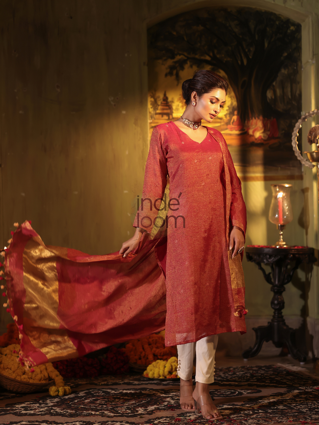 Shaded Red Tissue 2-Piece Set Kurti & Dupatta (UNSTITCHED) - 310