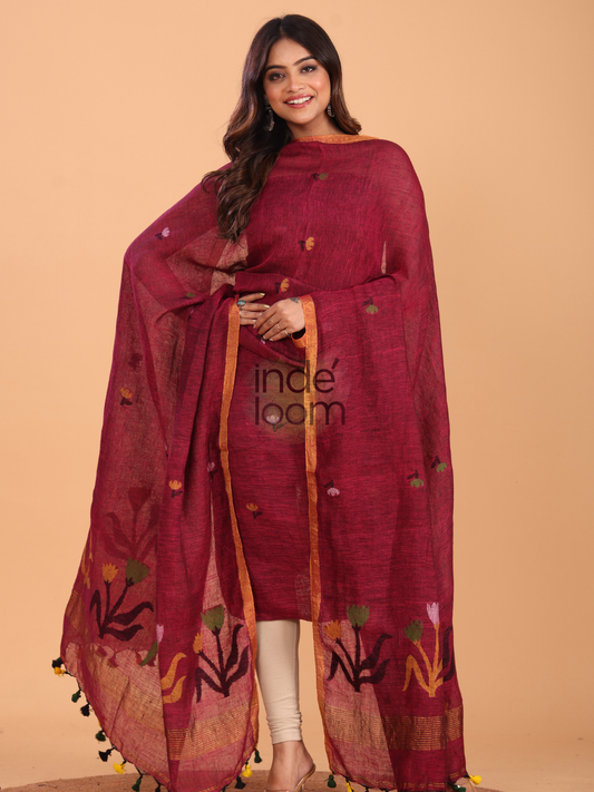Blood Red Linen Jamdani 2-Piece Set Kurti & Dupatta (UNSTITCHED) - 078
