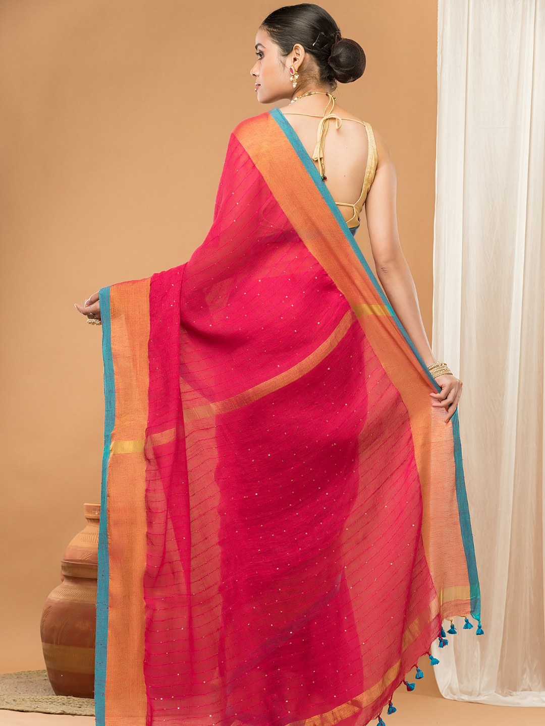 Linen Sequin Jamdani Saree With Rose Red -006