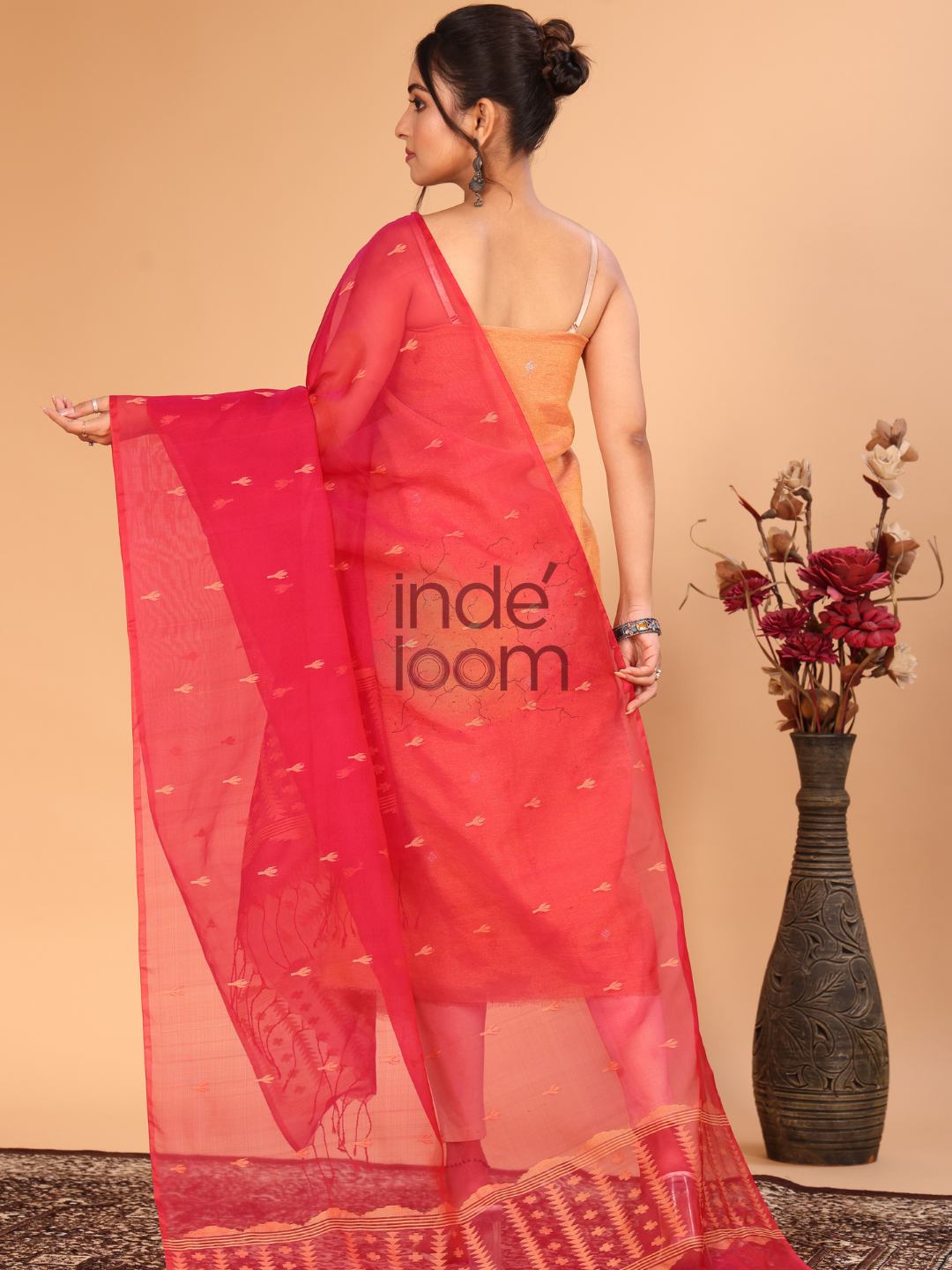 Pure Handloom Muslin Jamdani Dupatta With Imperial Red  - 013