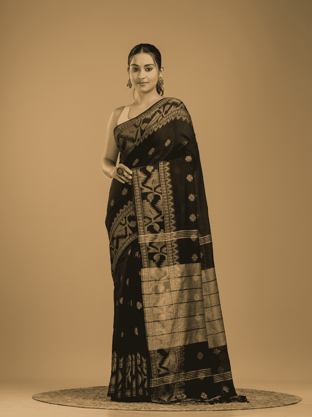 Coal Black Cotton Silk Jamdani Saree - 010 - indeloom