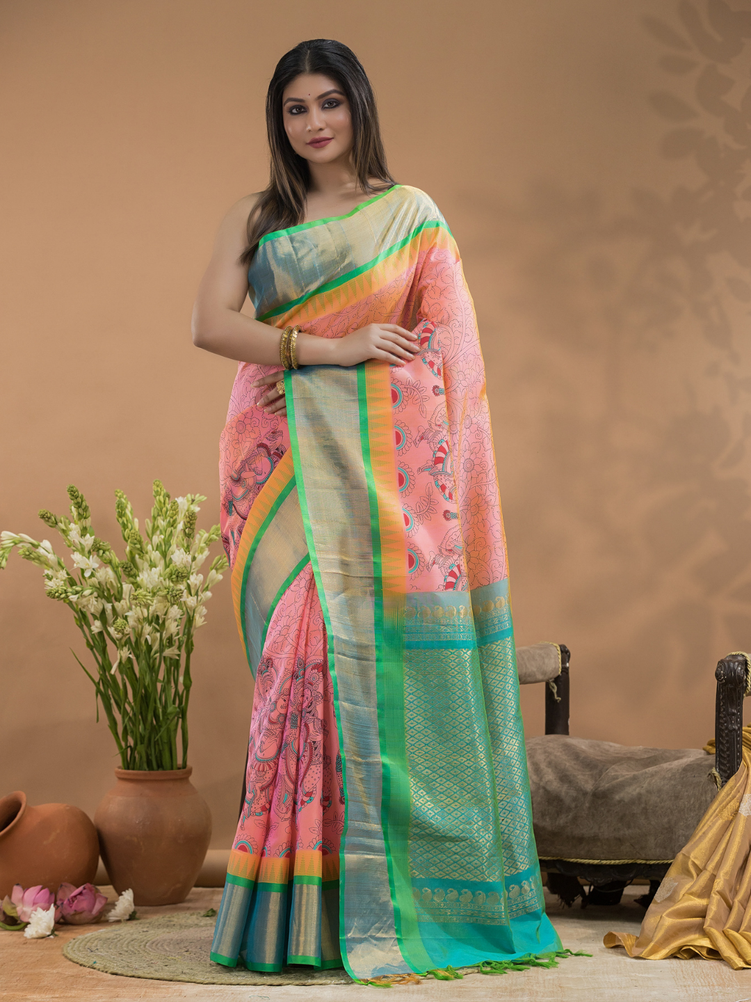 Rose Pink  Pure Handloom Korvai Silk Cotton Saree -186