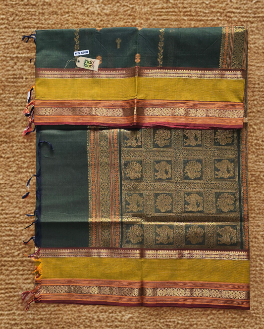 Kanchi Cotton|Green & Leaf yellow/ brown