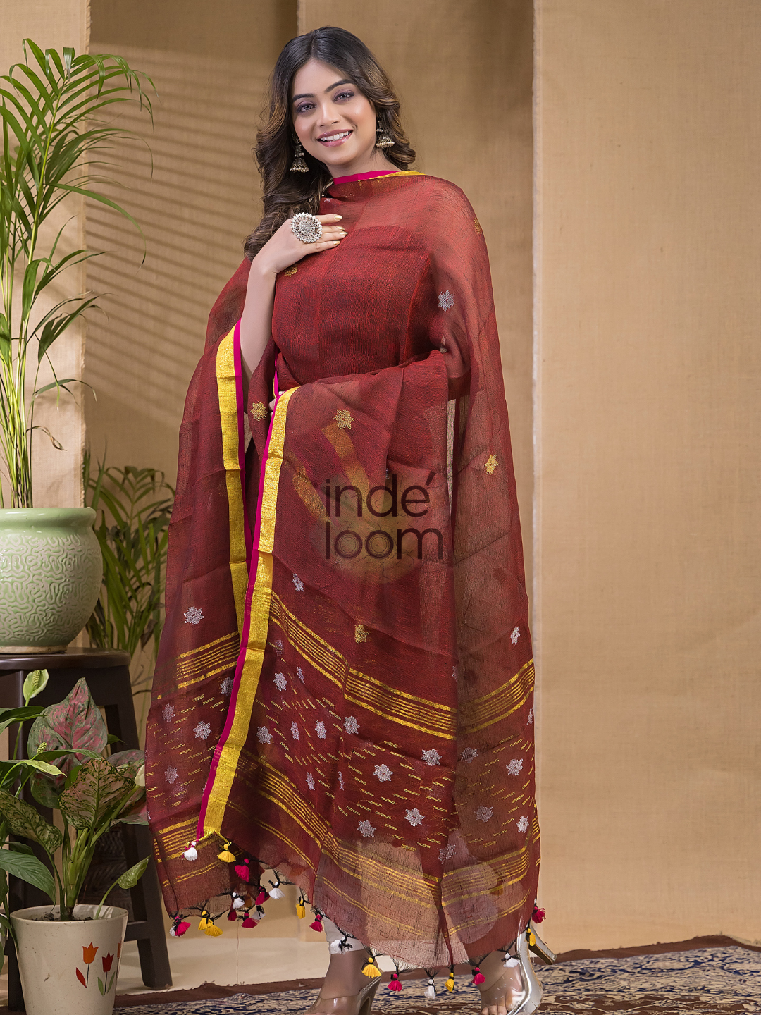Blood Red Pure Linen Suit 2-Piece Set Kurti & Dupatta (UNSTITCHED) -619