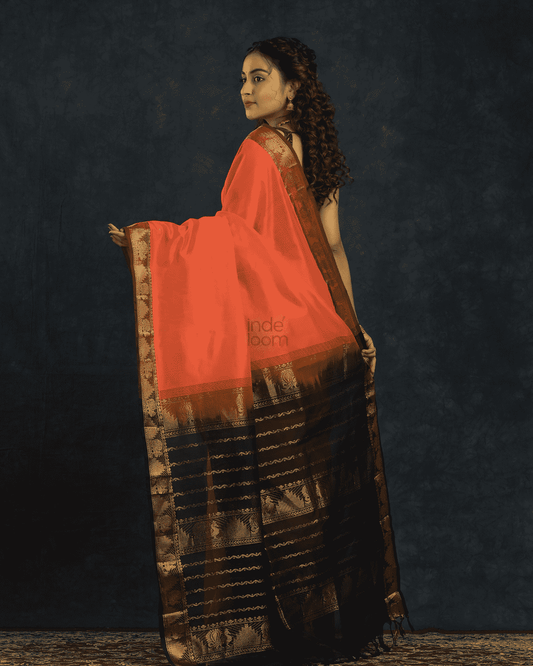 Pure Handloom Korvai Silk Cotton Saree in classic Fire Orange and Black Border - 127