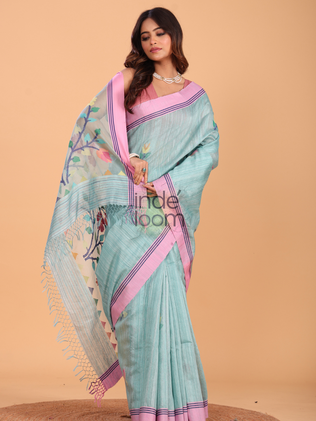 Jamdani Saree With Aqua Blue - 140