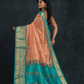 Pure handloom Korvai Silk Cotton Saree in Peach and Azure Blue Border - 054
