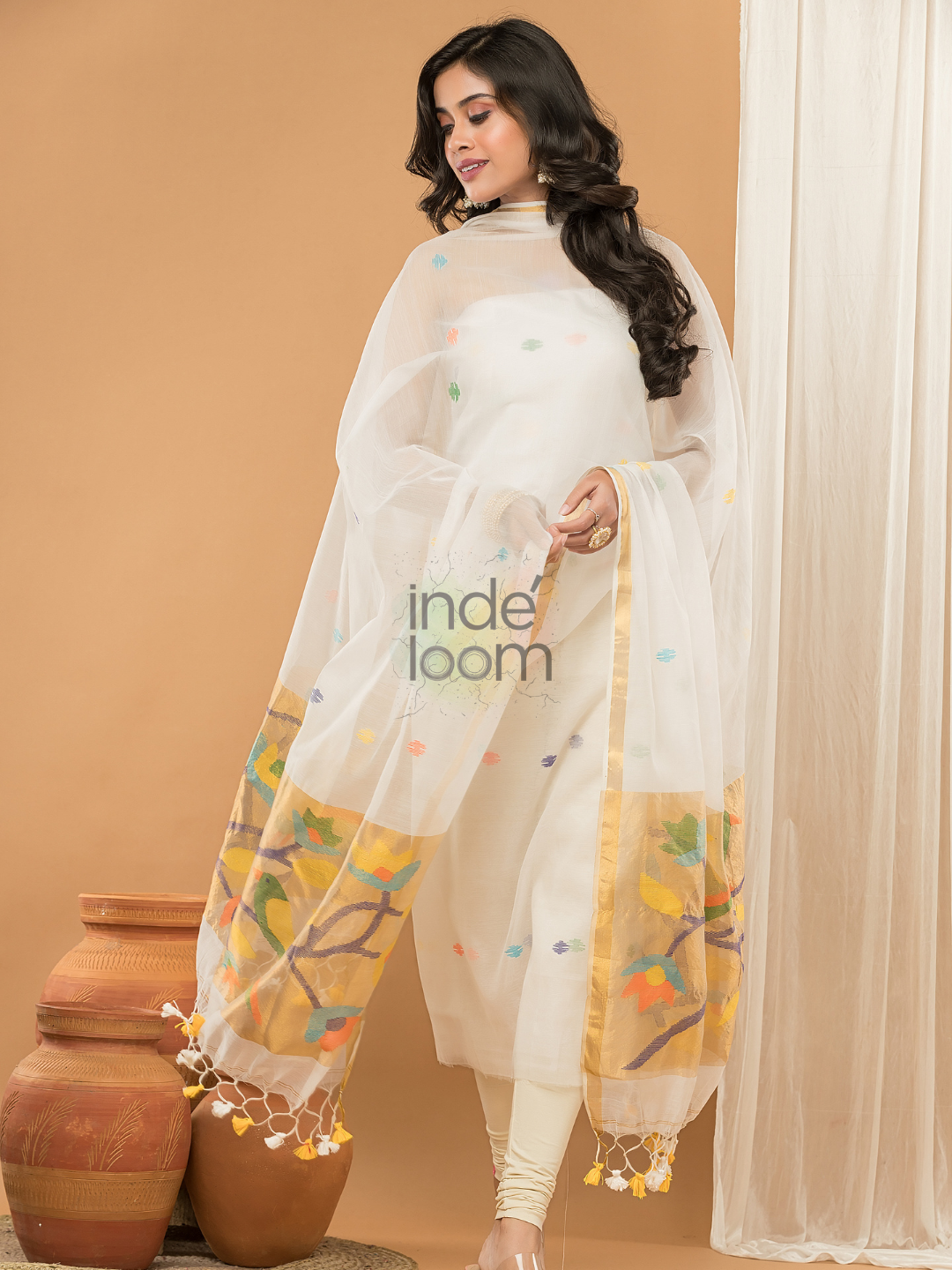 Sequin Paithani Jamdani Unstitched 2-Piece Kurti  |  Pure White