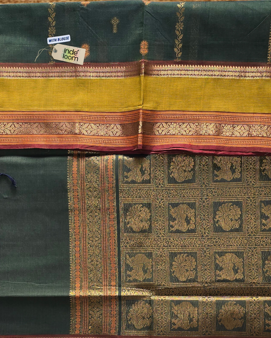 Kanchi Cotton|Green & Leaf yellow/ brown