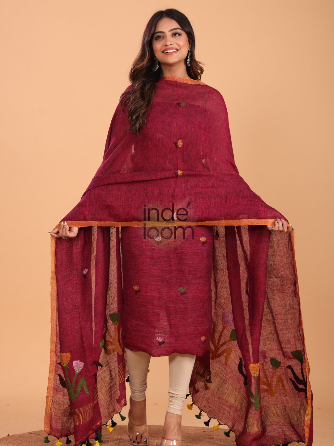 Blood Red Linen Jamdani 2-Piece Set Kurti & Dupatta (UNSTITCHED) - 078