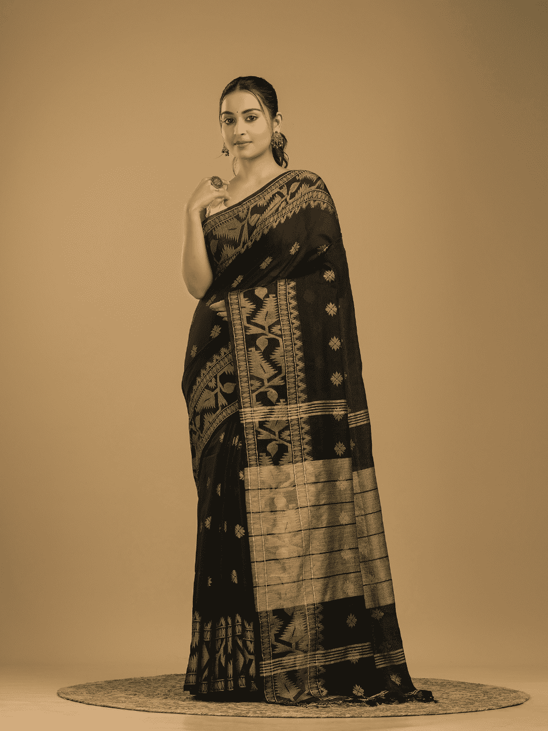 Coal Black Cotton Silk Jamdani Saree - 010 - indeloom