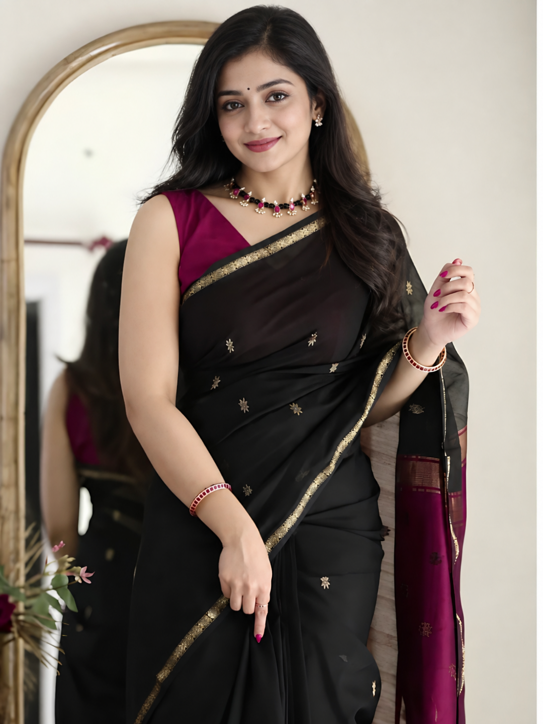 Maheshwari Silk Cotton Saree – Festive Elegance | Charcoal Black