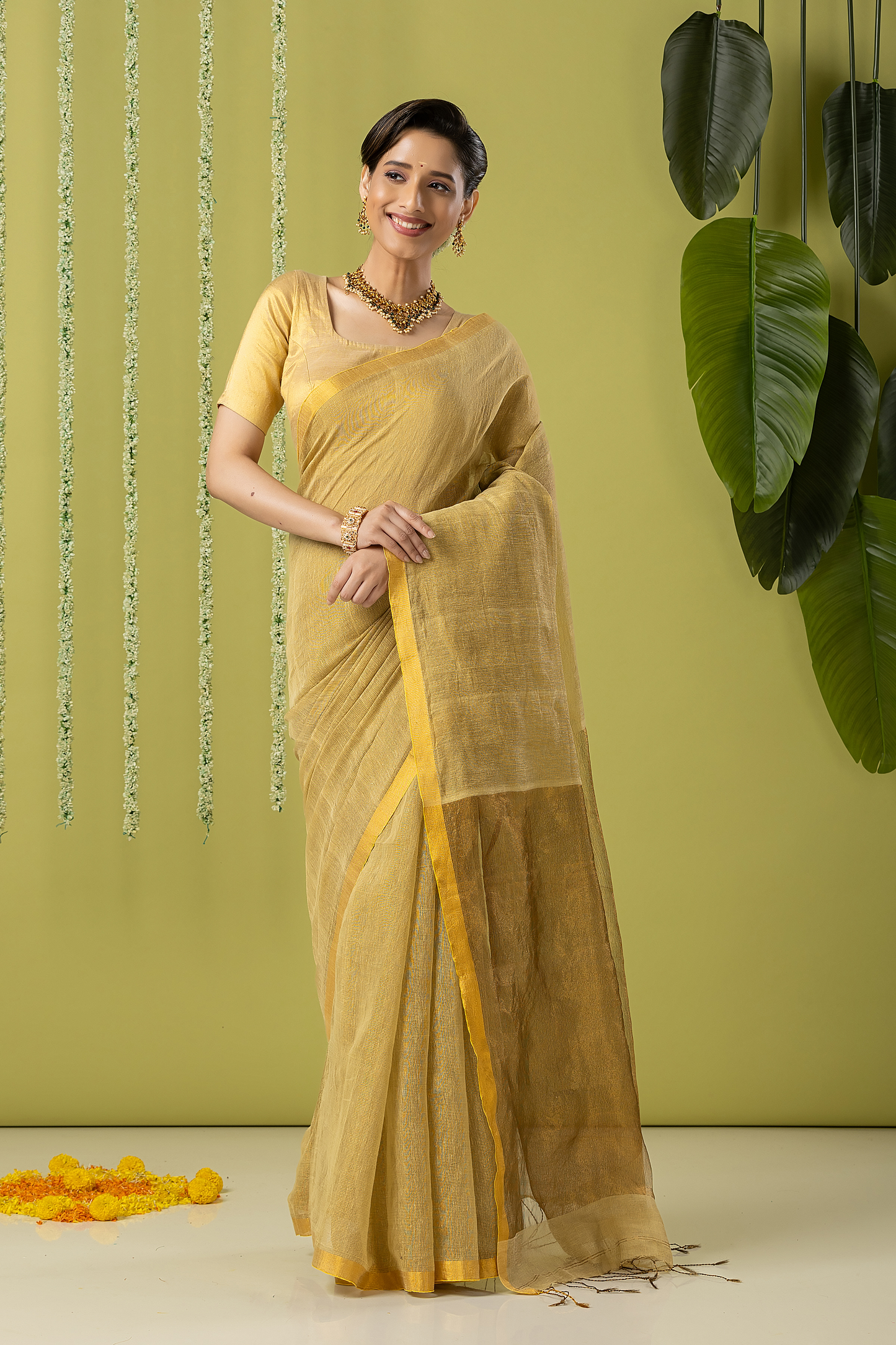 Pure Handloom Linen Saree | Khaki | Plain Body with Ribbon border