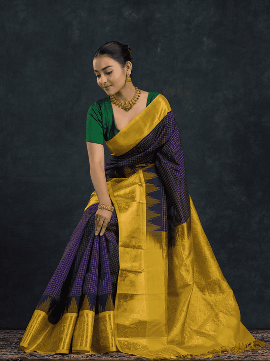 Pure Handloom Korvai Saree | Navy Blue and Golden Yellow