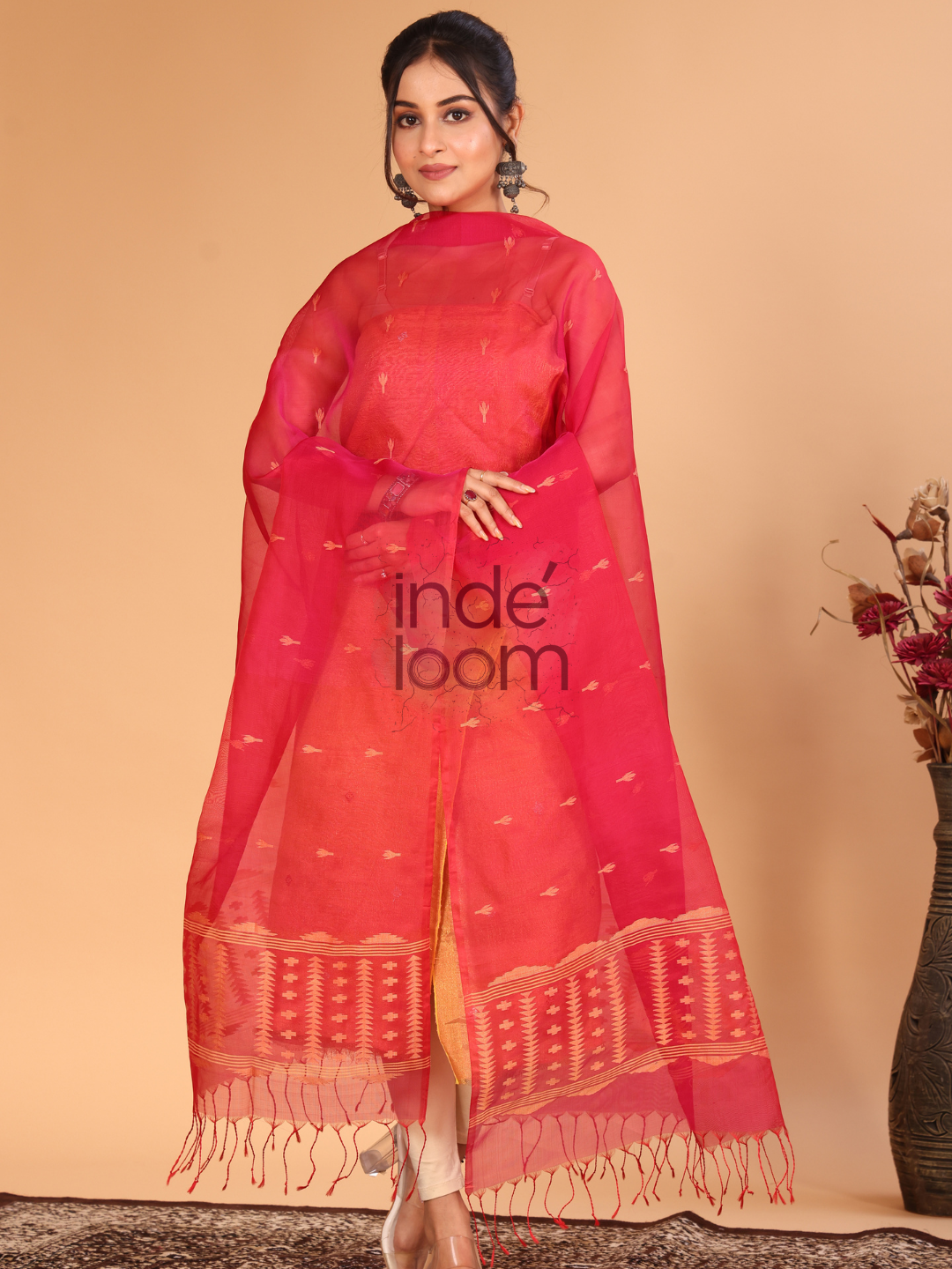 Pure Handloom Muslin Jamdani Dupatta With Imperial Red  - 013