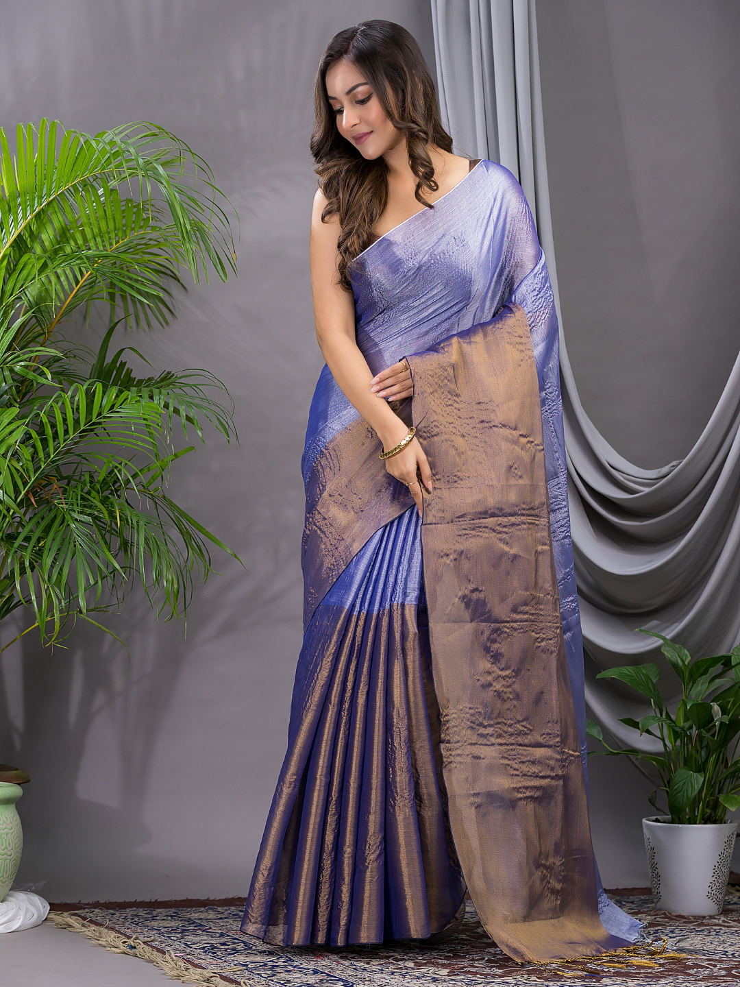 Tissue Silk Saree With Pigeon Blue - 015