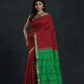Pure Handloom Korvai Silk Cotton Saree in Wine Red and Green with Elephant Border - 143