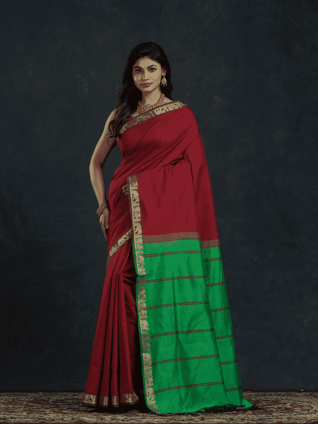 Pure Handloom Korvai Silk Cotton Saree in Wine Red and Green with Elephant Border - 143