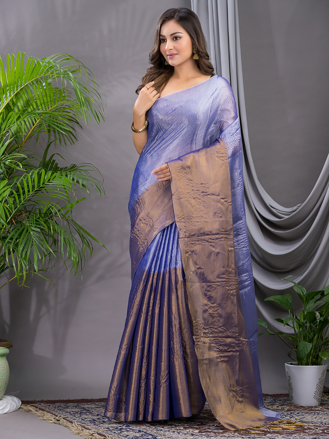Tissue Silk Saree With Pigeon Blue - 015
