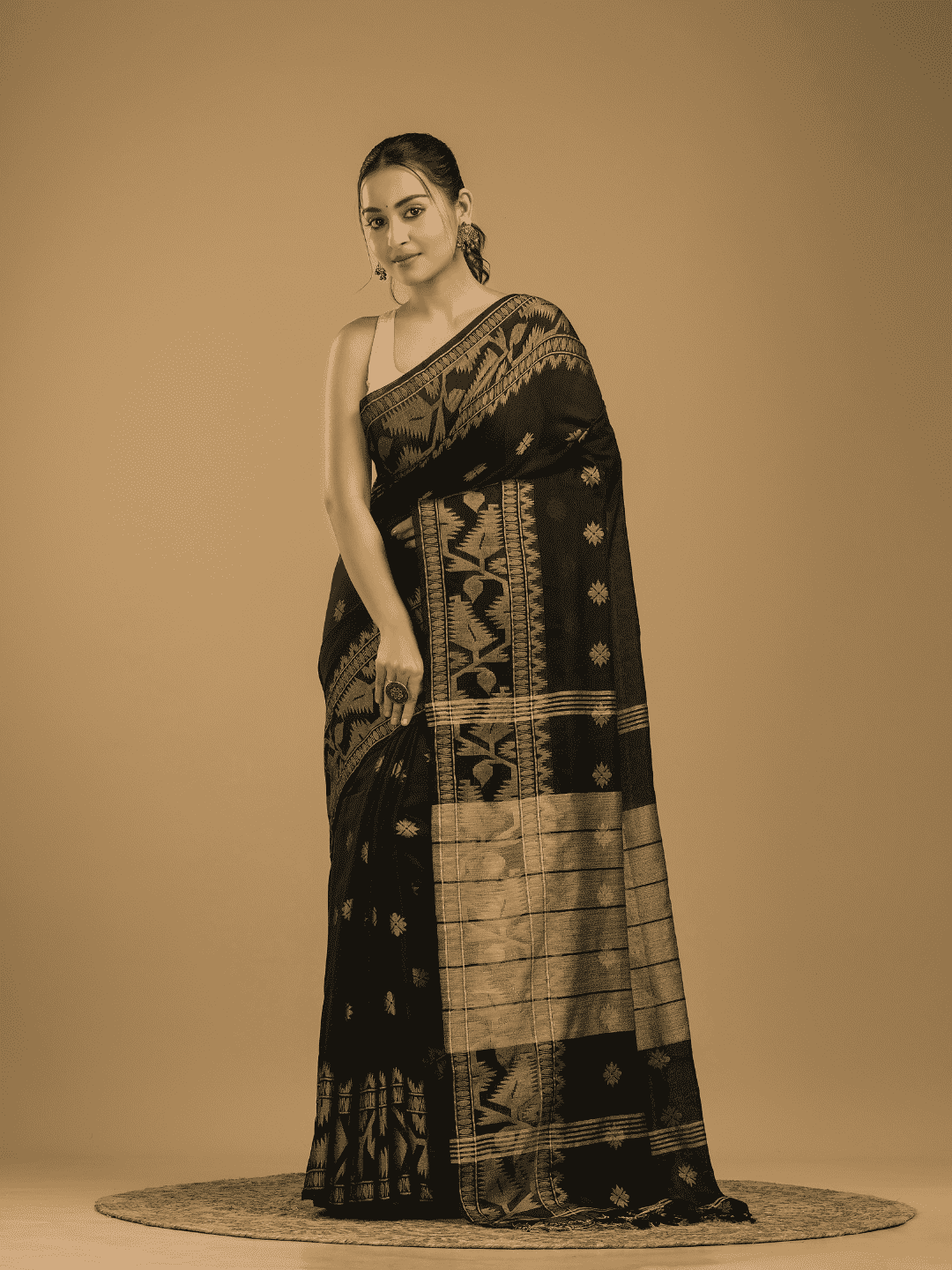 Coal Black Cotton Silk Jamdani Saree - 010 - indeloom