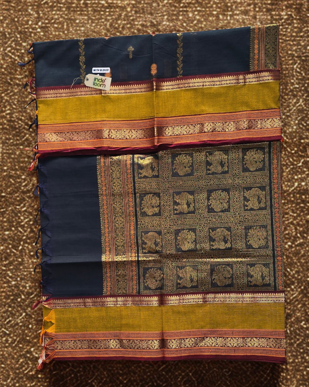 Kanchi Cotton|Bottle Green & Leaf yellow/ Maroon