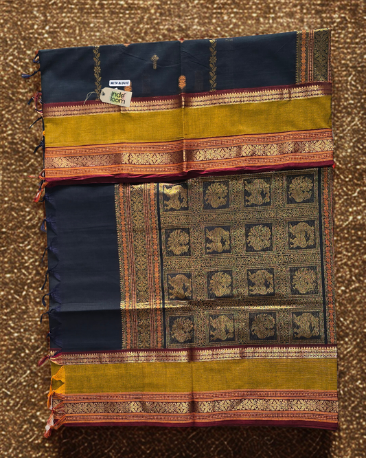 Kanchi Cotton|Bottle Green & Leaf yellow/ Maroon