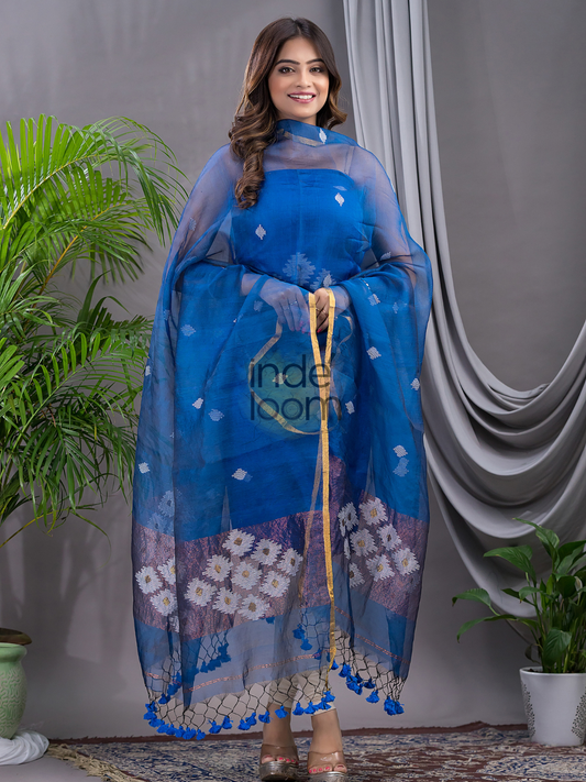 Indigo Blue Matka Jamdani 2-Piece Set Kurti & Dupatta (UNSTITCHED) - 109