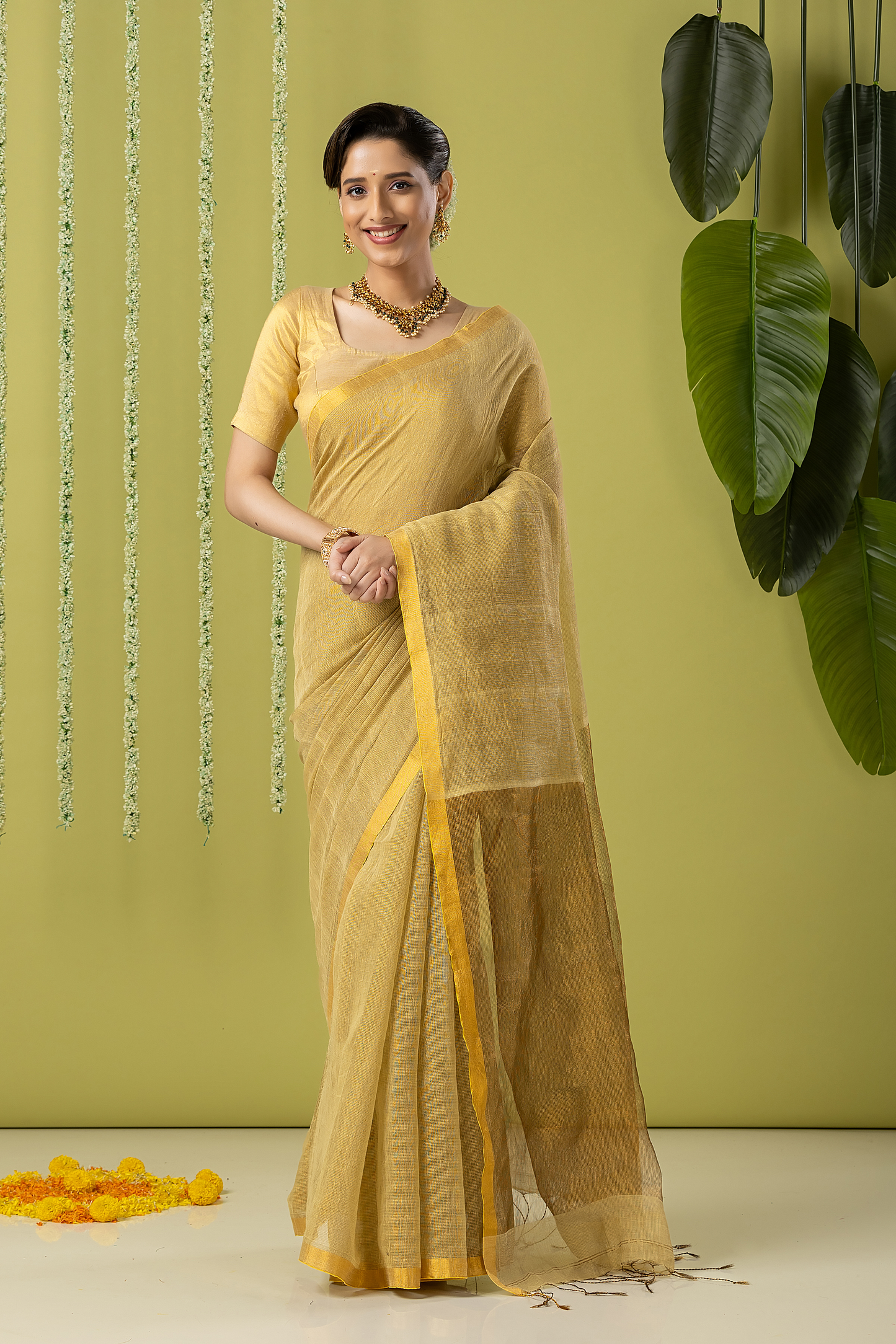 Pure Handloom Linen Saree | Khaki | Plain Body with Ribbon border