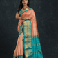 Pure handloom Korvai Silk Cotton Saree in Peach and Azure Blue Border - 054