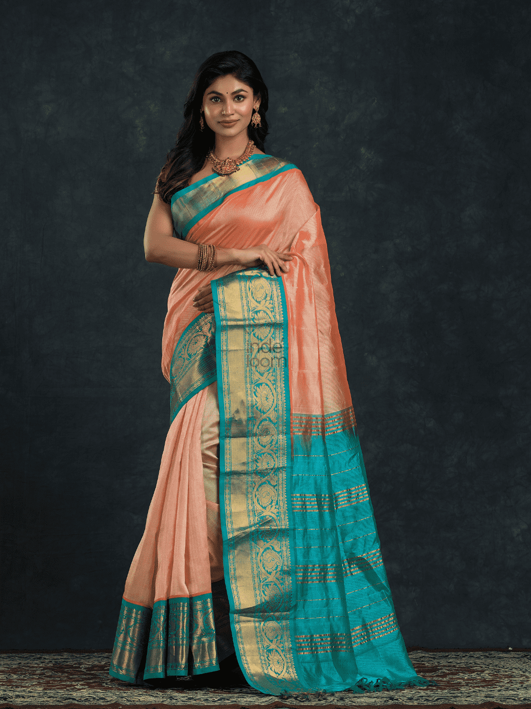 Pure handloom Korvai Silk Cotton Saree in Peach and Azure Blue Border - 054
