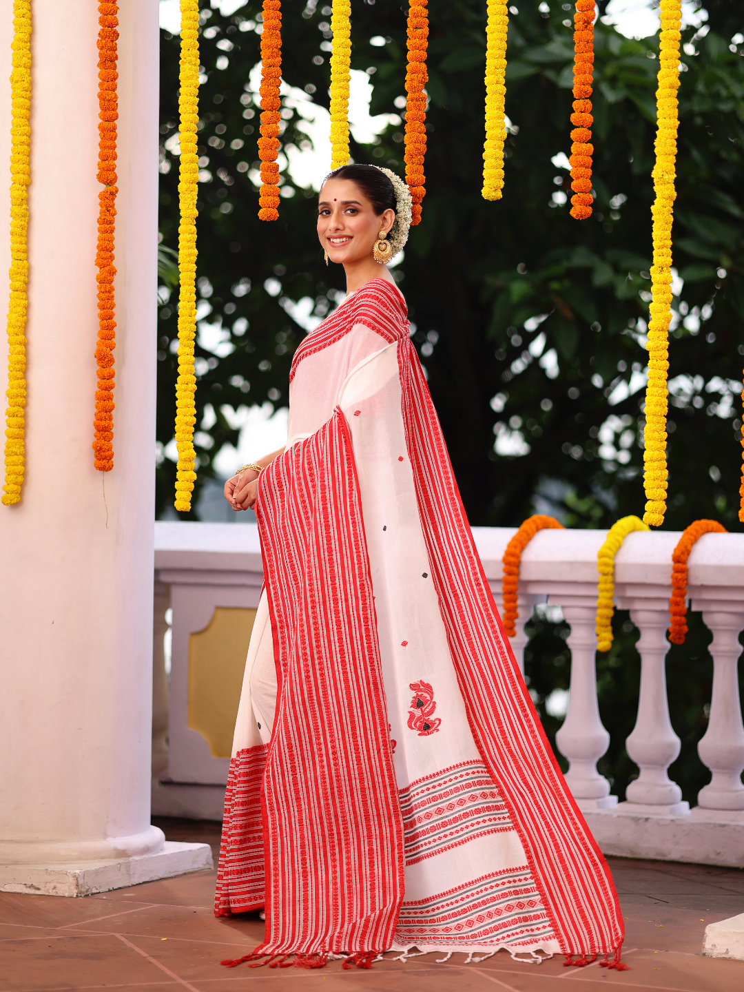 Cotton Linen Saree With Powder White - 115