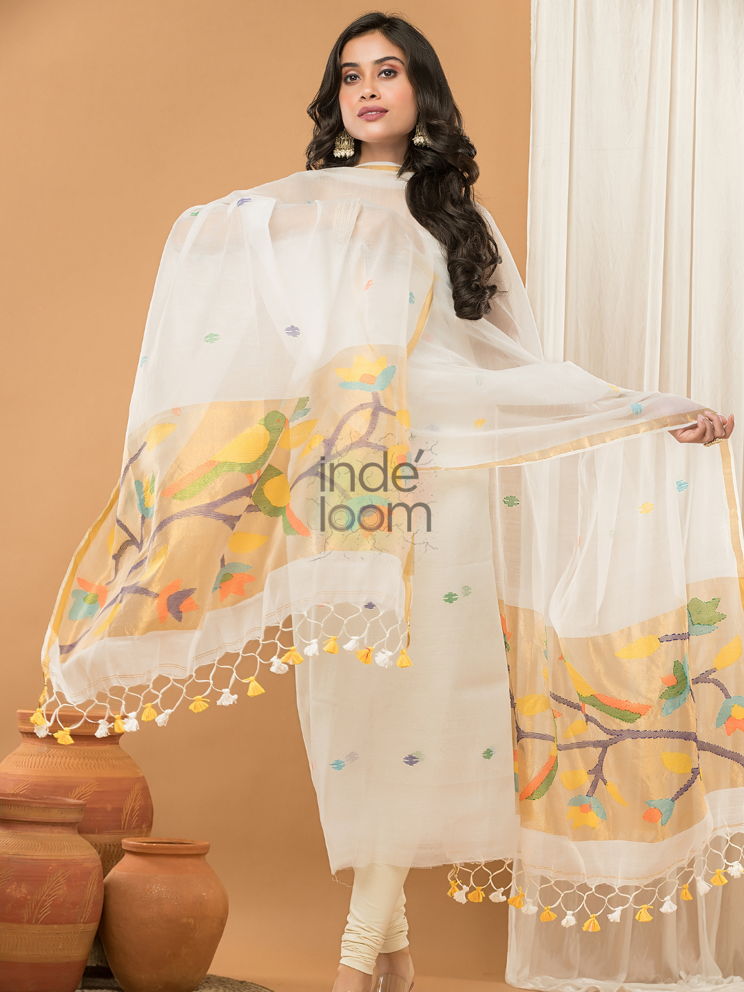 Sequin Paithani Jamdani Unstitched 2-Piece Kurti  |  Pure White