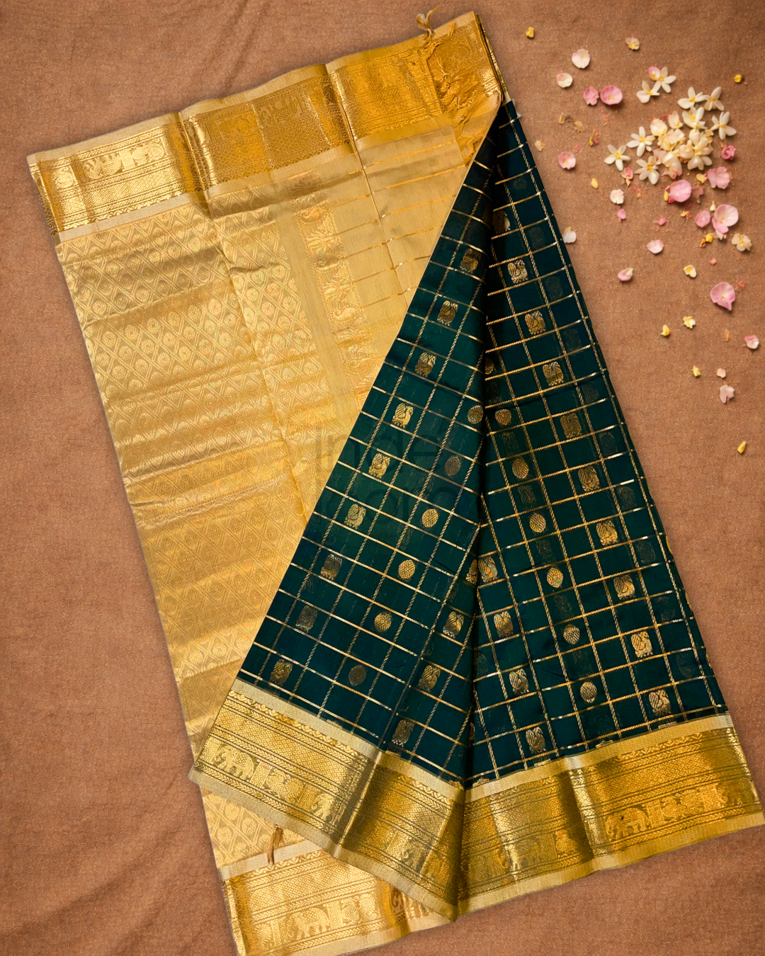 Pure Handloom Korvai Saree | Dark Green
