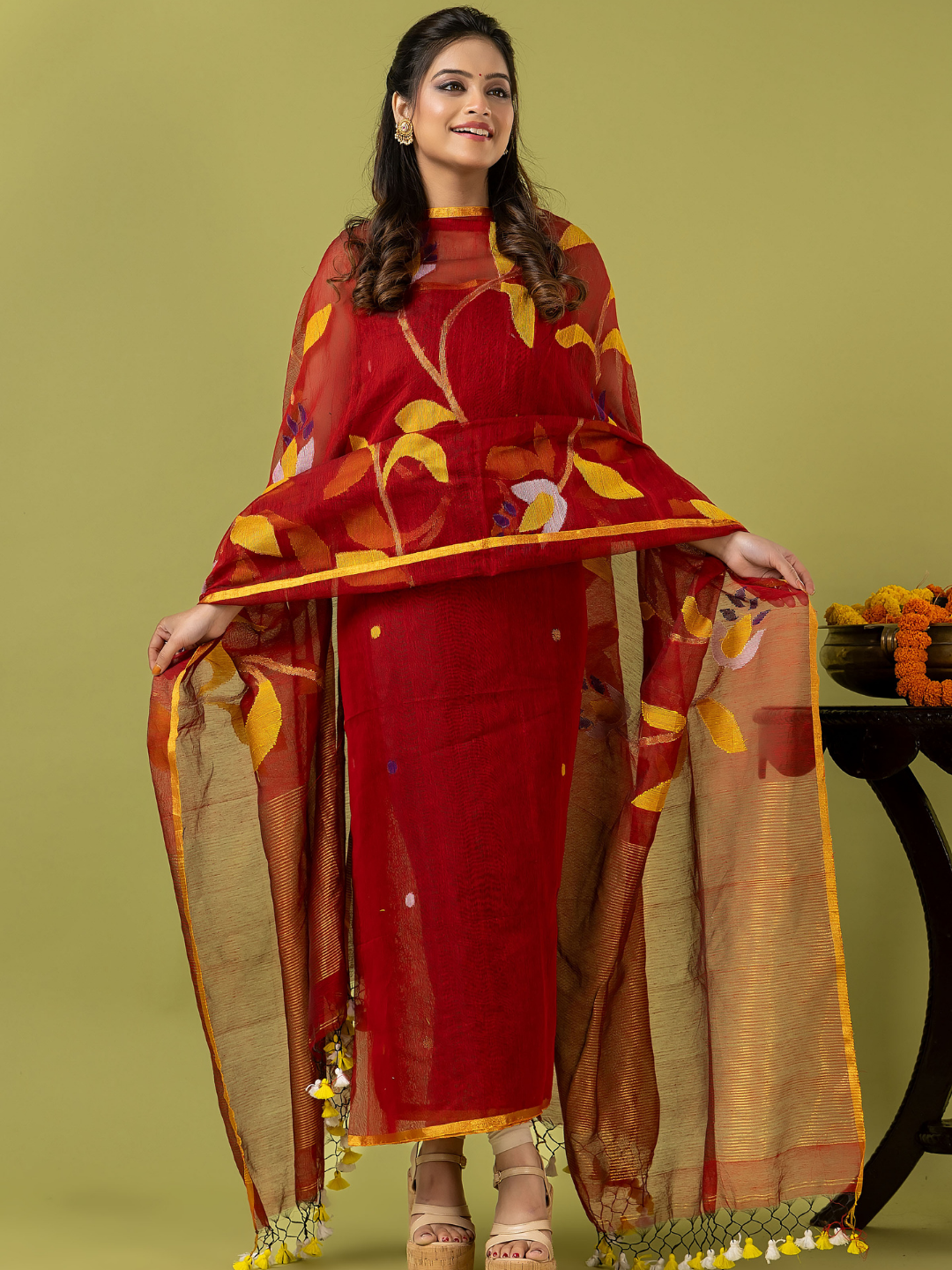 Handwoven Jamdani Silk Cotton Unstitched 2-piece Kurti | Deep Red
