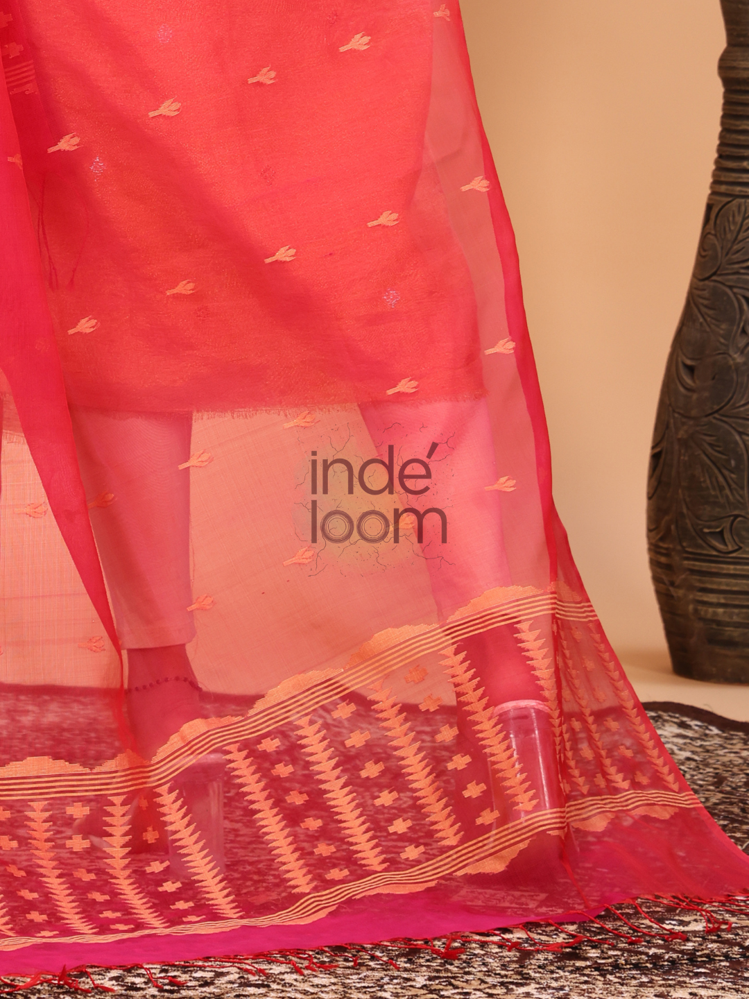 Pure Handloom Muslin Jamdani Dupatta With Imperial Red  - 013