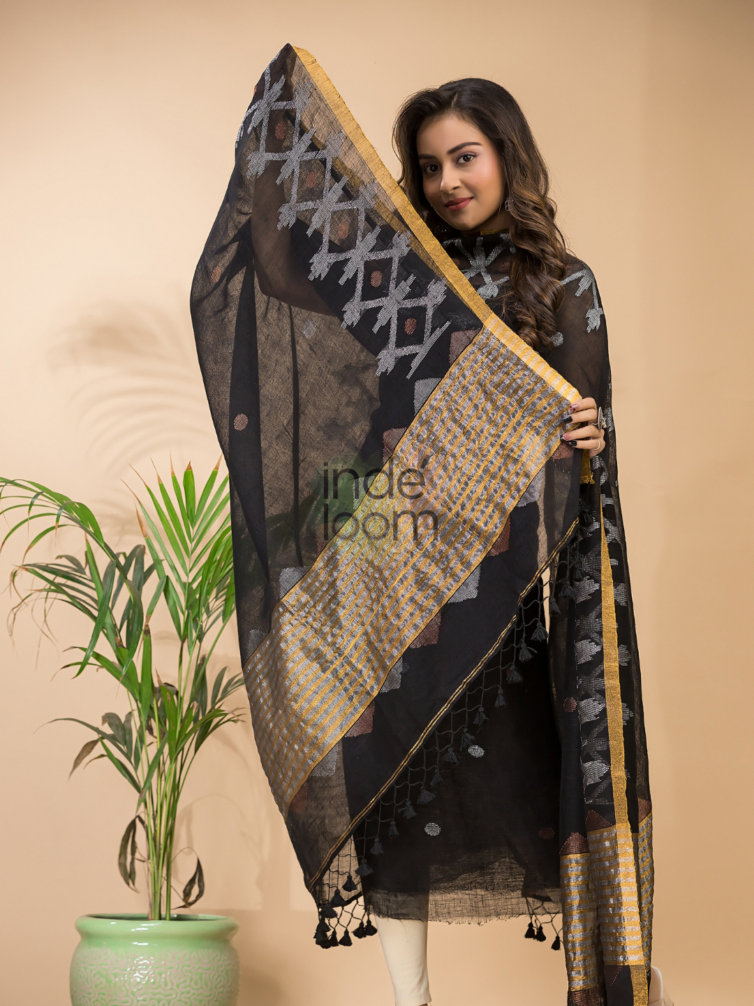 Rich Black Linen X Line 2-Piece Set Kurti & Dupatta (UNSTITCHED) - 121
