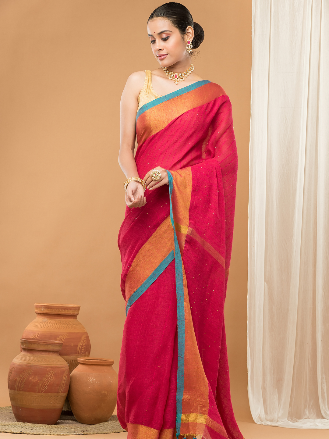 Linen Sequin Jamdani Saree With Rose Red -006