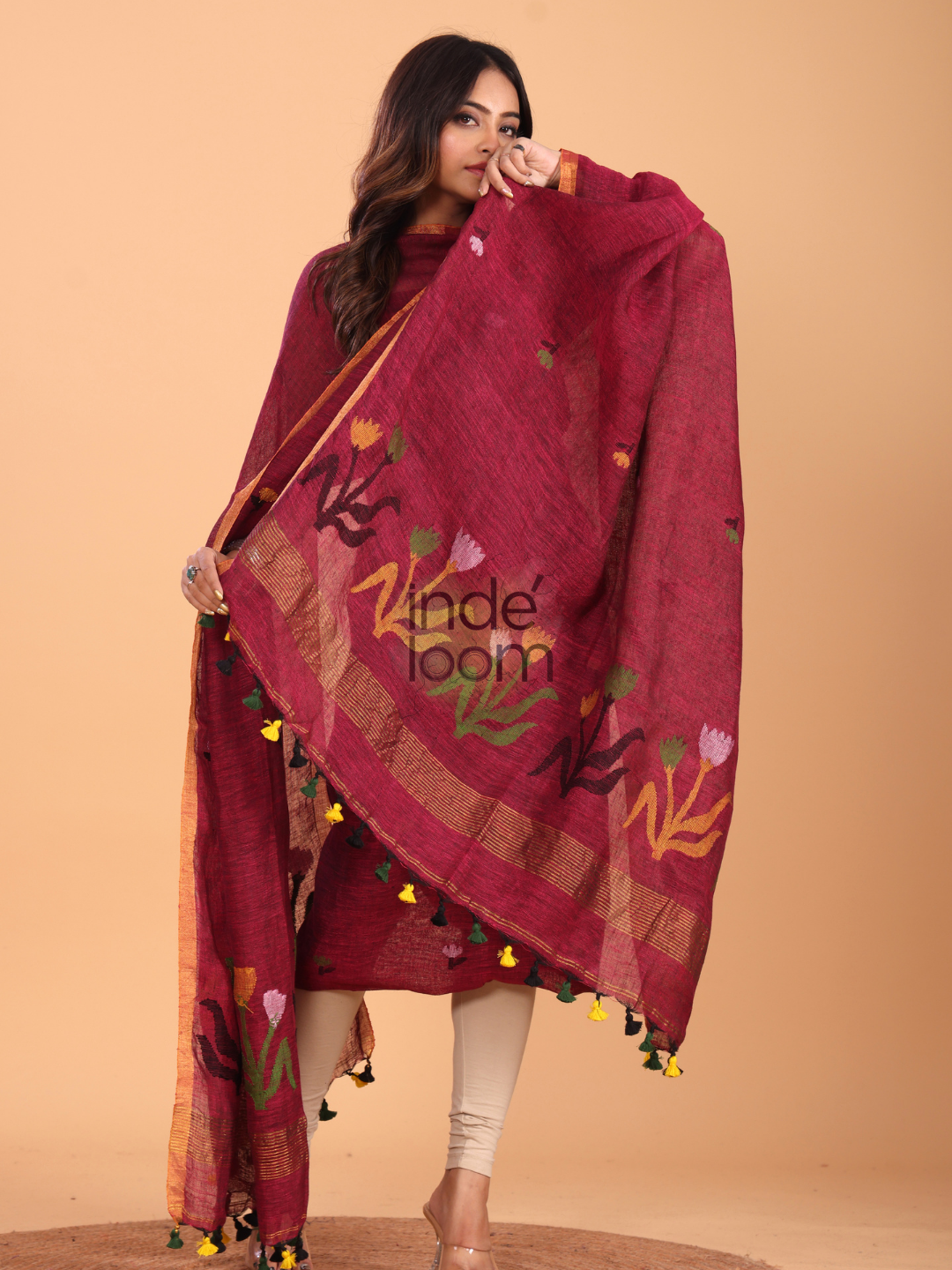 Blood Red Linen Jamdani 2-Piece Set Kurti & Dupatta (UNSTITCHED) - 078