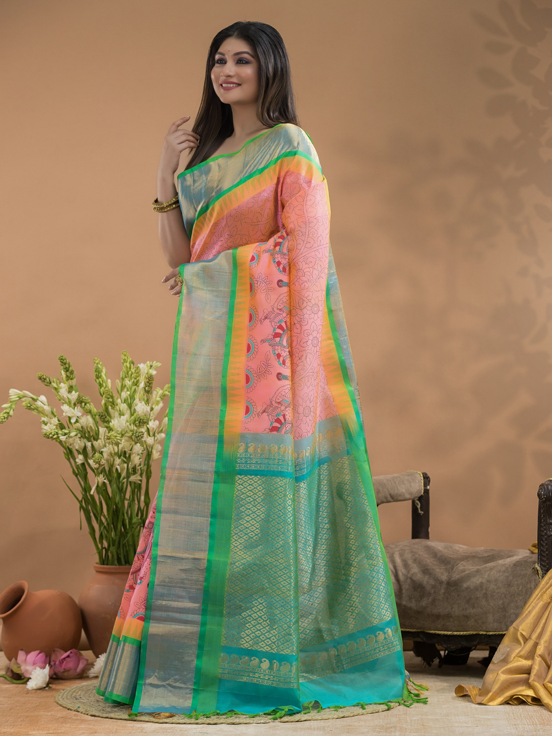 Rose Pink  Pure Handloom Korvai Silk Cotton Saree -186