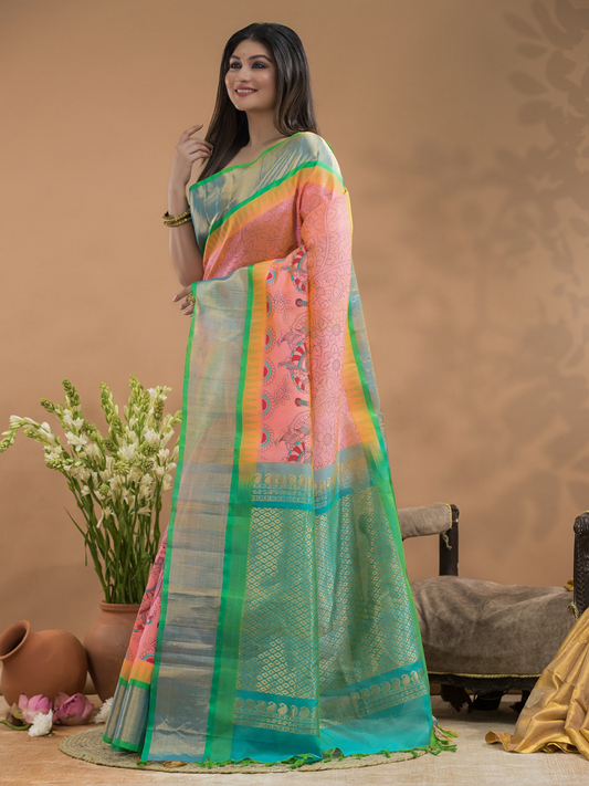 Rose Pink  Pure Handloom Korvai Silk Cotton Saree -186