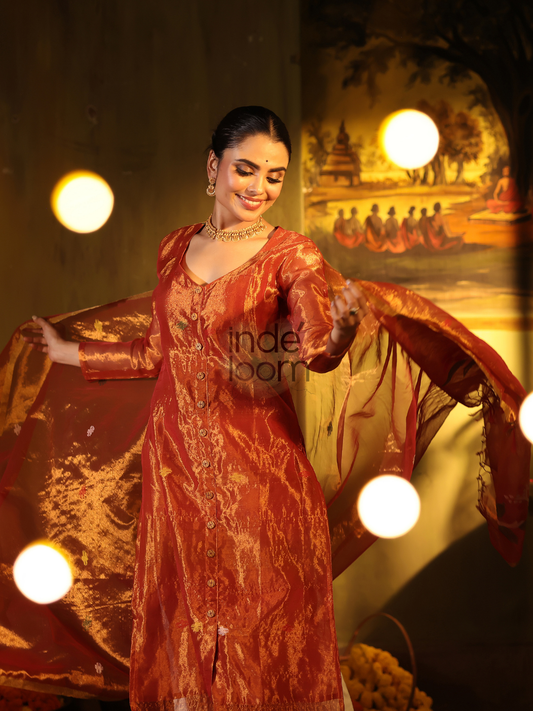 Handwoven Jamdani Cotton Silk Unstitched 2-piece Kurti  |  Brick Red