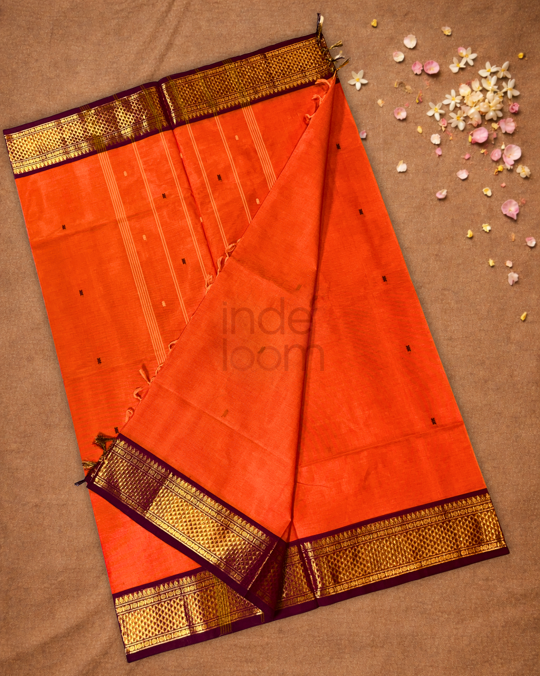 Chettinad Cottton Saree With Fire Orange
