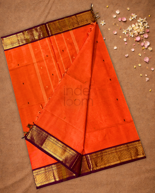 Chettinad Cottton Saree With Fire Orange