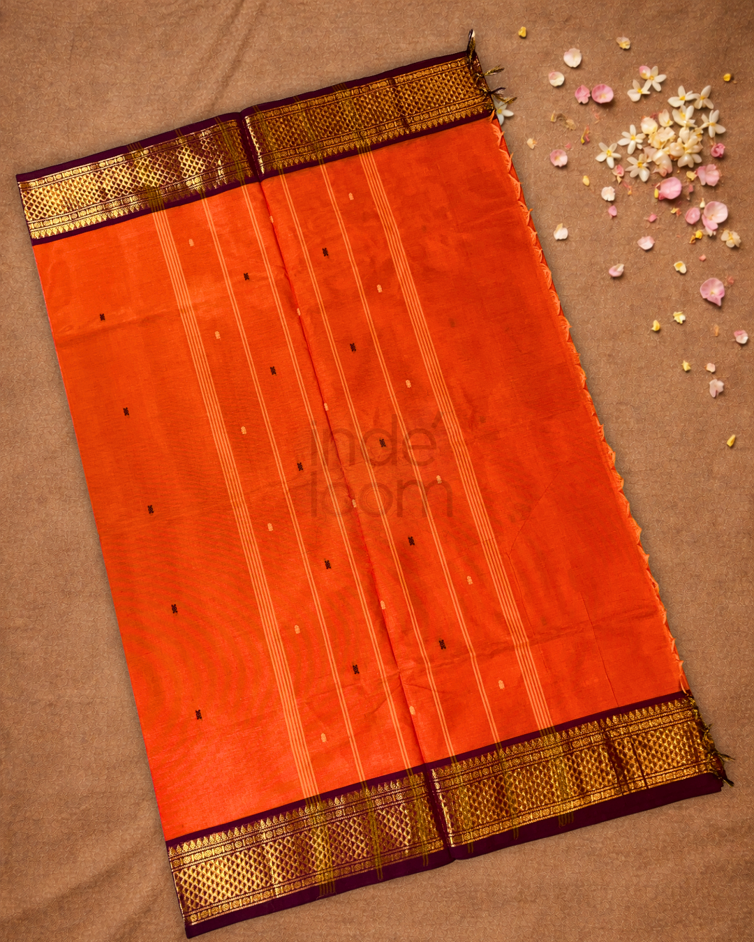 Chettinad Cottton Saree With Fire Orange