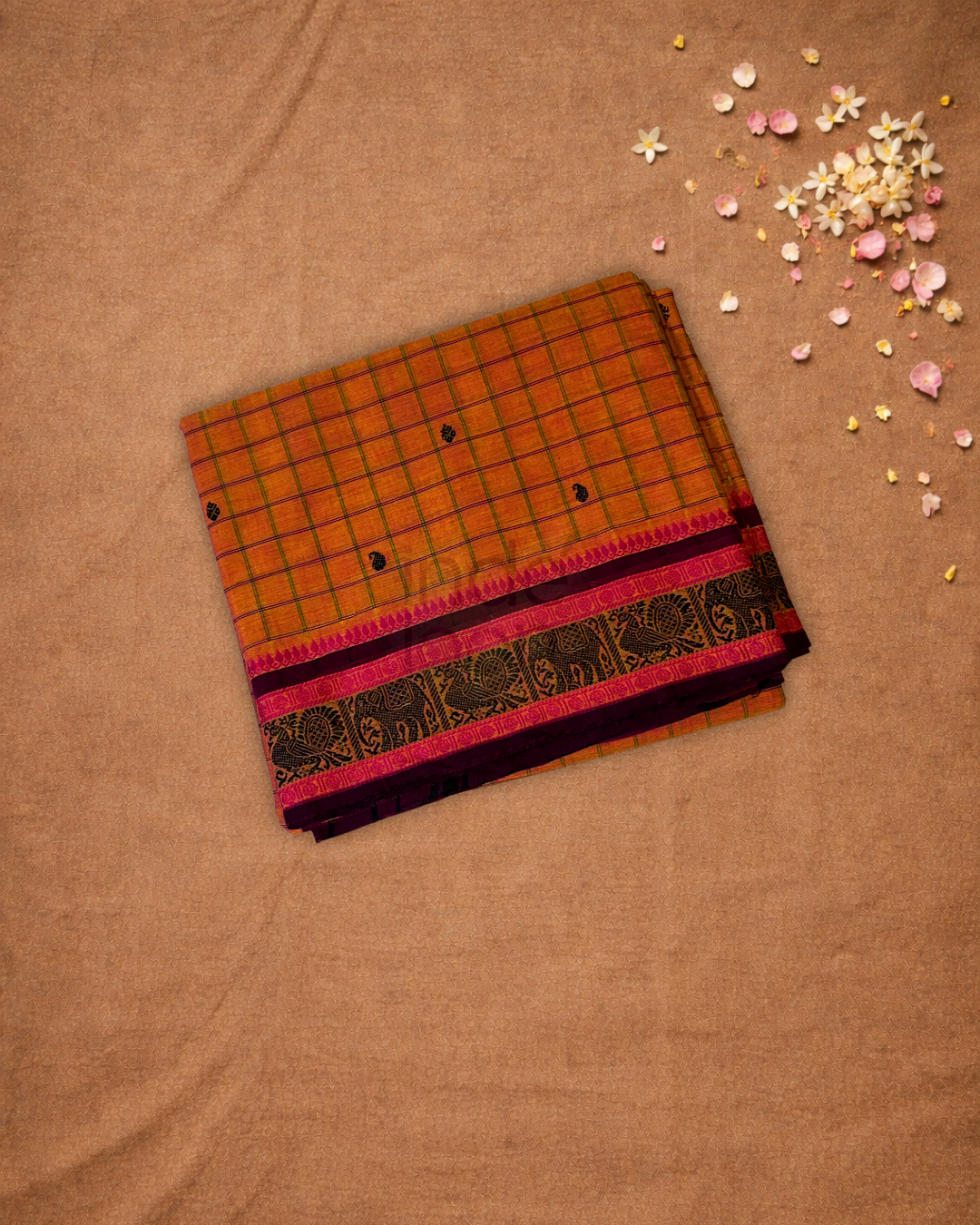 Chettinad Cottton Saree With Pumpkin Orange