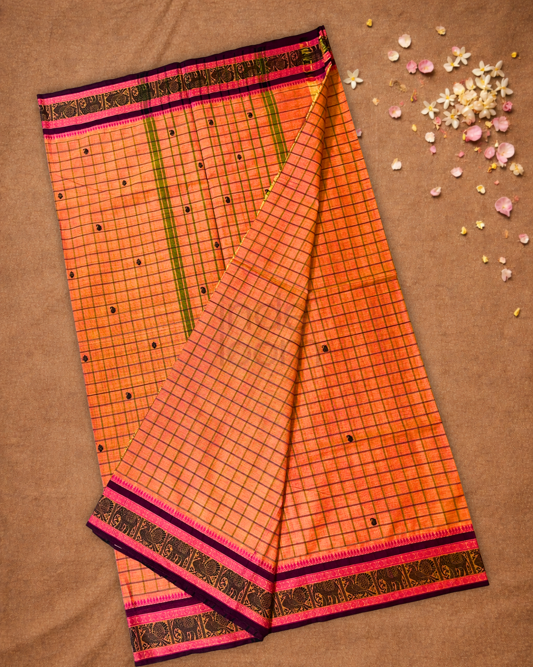 Chettinad Cottton Saree With Pumpkin Orange