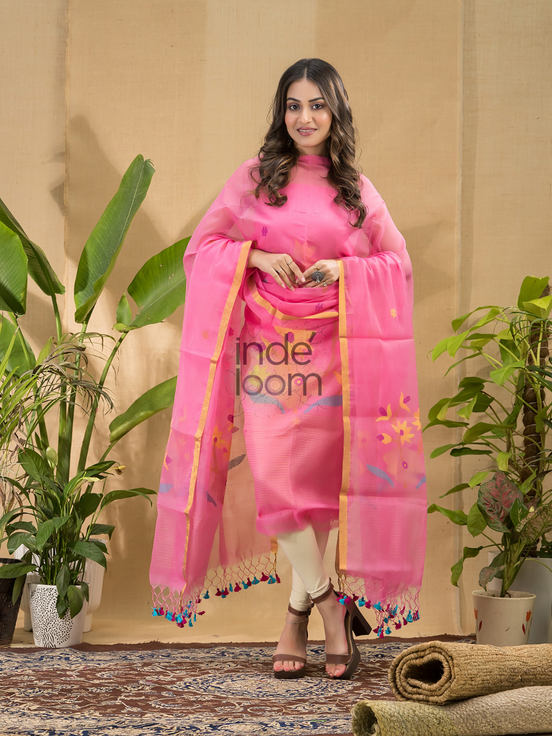Punch Pink Jamdani 2-Piece Set Kurti & Dupatta (UNSTITCHED) -693