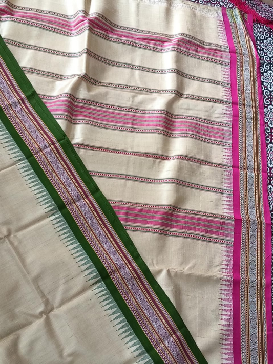 Dark Pink Handloom Vidarbha Tussar Silk Saree with Multicolor Contrast Border -130