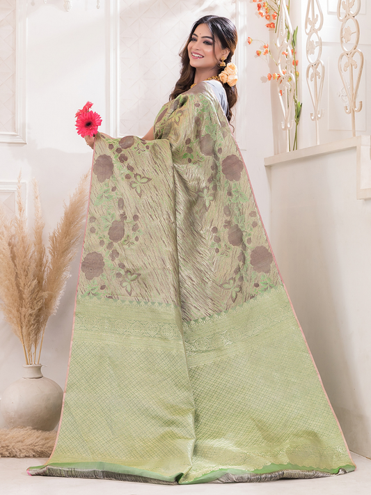 Harini Vastra - Golden Jade green silk with peacock buttas and zari elegance