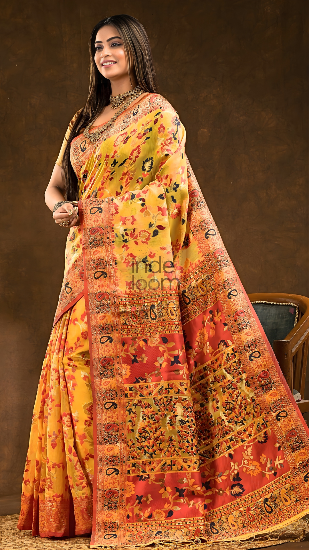 Floral woven design Silk blend Saree | Mustard Yellow